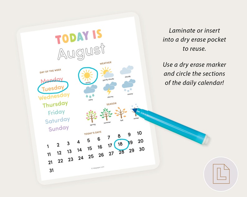 May include: A dry-erase calendar for August with a colorful design. The calendar includes days of the week, weather icons, seasons, and a grid for the month. The calendar is designed to be used with a dry-erase marker.