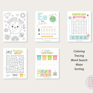 May include: A set of printable Earth Day activities for kids. The activities include coloring, tracing, a word search, a maze, and sorting. The activities are all themed around Earth Day and feature cute illustrations.