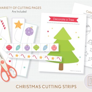 May include: A printable Christmas activity set with cutting strips featuring ornaments, candy canes, and stars. The set includes a page to decorate a tree by pasting the ornaments from the cutting strips and a page to color and cut out ornaments.