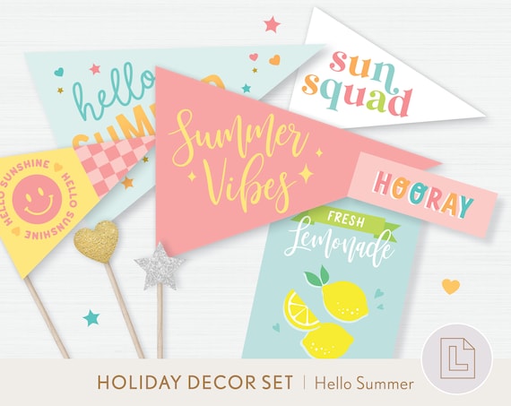 Hello Summer Banners, Pennant Flags, End of School Classmate or Teacher Summer Break Gift Tags, Lemonade Sign Print, Decoration Printable