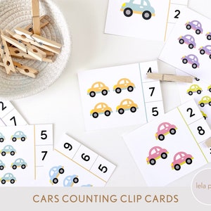 Auto's tellen Montessori Clipkaarten 1-10 | Flashcards voor het tellen van getallen voor de kleuterschool | Educatief afdrukbaar