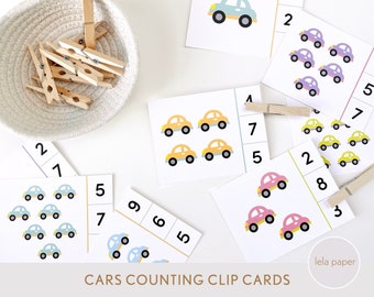 Counting Cars Montessori Clip Cards 1-10 | Number Counting Flashcards for Toddler Preschool | Educational Printable