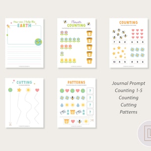 May include: A set of printable worksheets for kids featuring a colorful Earth theme. The worksheets include activities like counting, cutting, and patterns. The text on the worksheets includes "How can I help the Earth", "Flower Counting", "Counting", "Cutting", "Patterns", and "Journal Prompt: Counting 1-5, Counting, Cutting, Patterns".