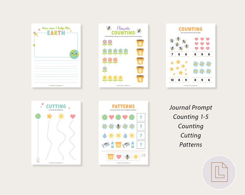May include: A set of printable worksheets for kids featuring a colorful Earth theme. The worksheets include activities like counting, cutting, and patterns. The text on the worksheets includes "How can I help the Earth", "Flower Counting", "Counting", "Cutting", "Patterns", and "Journal Prompt: Counting 1-5, Counting, Cutting, Patterns".