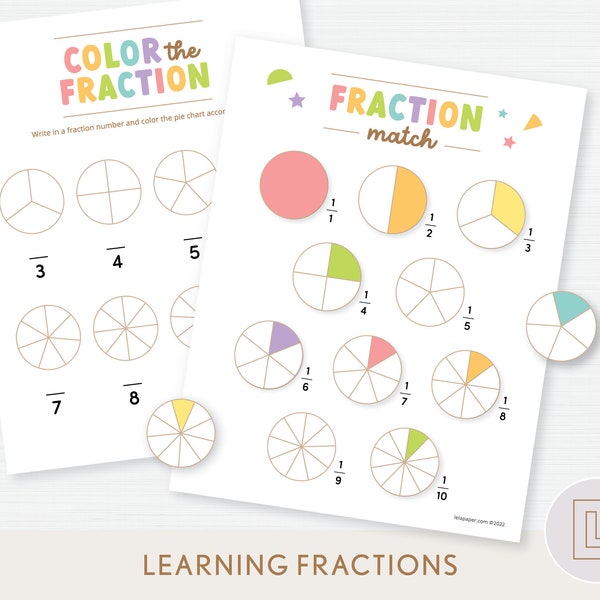 Learning Fractions Matching Activity Printable | Fractions Pie Chart | Fractions Coloring Worksheet | Educational Math Resource