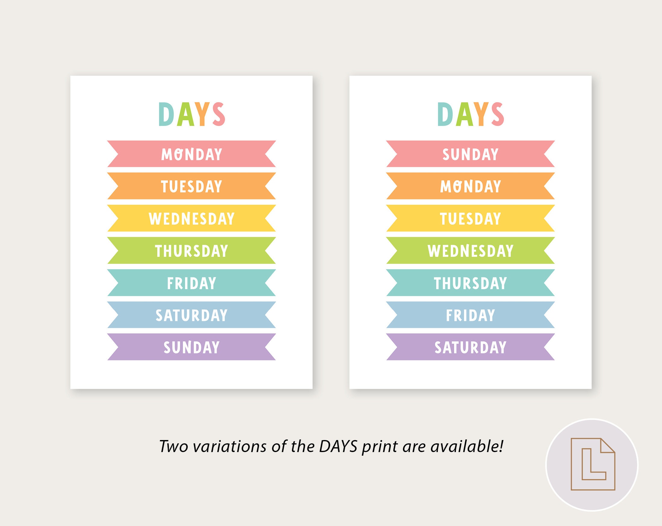 Days of the Week Wall Art Printable | Educational Learning Poster ...