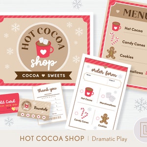 Peça dramática da Hot Cocoa Shop para impressão | Café de chocolate quente faz de conta | Pacote de atividades infantis para férias de Natal | Role Play Imaginativo