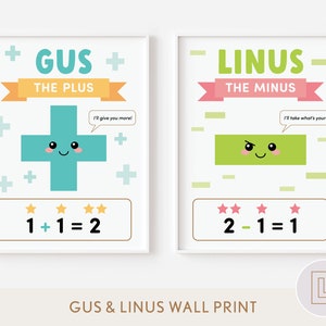 Gus the Plus Linus the Minus Wall Art Poster Printable | Kids Educational Decor | Math Addition Subtraction Print | School Learning Numbers