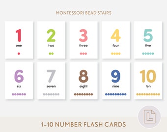 Números 1 – 10 Tarjetas Flash Montessori Escaleras de cuentas / Tarjetas flash de números de conteo minimalistas / Aprendizaje en casa imprimible / Actividad matemática