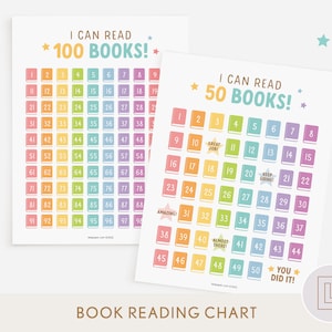 Book Reading Chart for Kids | Reading Log Tracker | 50 100 Books | Summer Reading Planner | Hundred Number Chart | Book Challenge Checklist