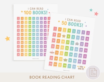 Book Reading Chart for Kids | Reading Log Tracker | 50 100 Books | Summer Reading Planner | Hundred Number Chart | Book Challenge Checklist