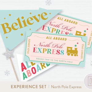 Peut inclure: Un ensemble de billets imprimables North Pole Express dans les tons bleus et roses. Les billets comportent le texte "All Aboard" et "North Pole Express" avec une illustration de train. L'ensemble comprend également une bannière bleue avec le texte "Believe" et une bannière blanche avec le texte "All Aboard".