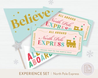 May include: A set of printable North Pole Express tickets with a blue and pink color scheme. The tickets feature the text "All Aboard" and "North Pole Express" with a train illustration. The set also includes a blue banner with the text "Believe" and a white banner with the text "All Aboard".