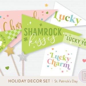 May include: A St. Patrick's Day holiday decor set featuring pennant flags and cards with phrases like "Lucky Charm" and "Shamrock Kisses." The flags are in shades of green, pink, and white, with gold and silver glitter star accents.