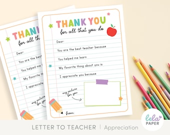 Teacher Appreciation Week Printable Gift, Teacher Thank You Letter for Teachers Print, Best Teacher Letter from Class Student