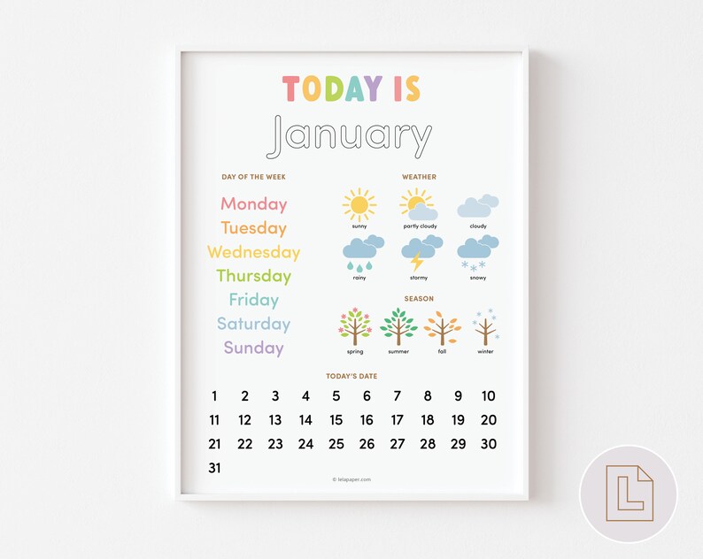 May include: A printable calendar for January with colorful illustrations of weather and seasons. The calendar includes days of the week, weather icons, and a grid for each day of the month.