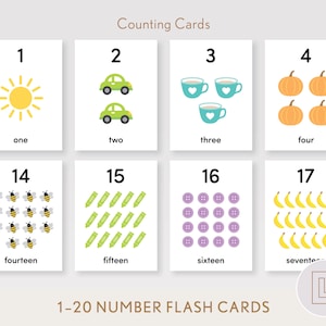 Números de 1 a 20 contando cartões flash, aprendendo a contar cartões pré-escolares para crianças, aprendendo a contar até vinte com imagens, matemática escolar em casa