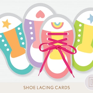 Schede per allacciare le scarpe stampabili, attività pratica per allacciare le scarpe, imparare ad allacciare le scarpe per bambini, insegnare ad allacciare le scarpe