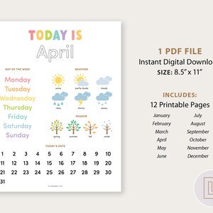 May include: Printable calendar for April with a colorful design. The calendar includes days of the week, weather icons, seasons, and a grid for the month of April. The calendar is 8.5 inches by 11 inches.