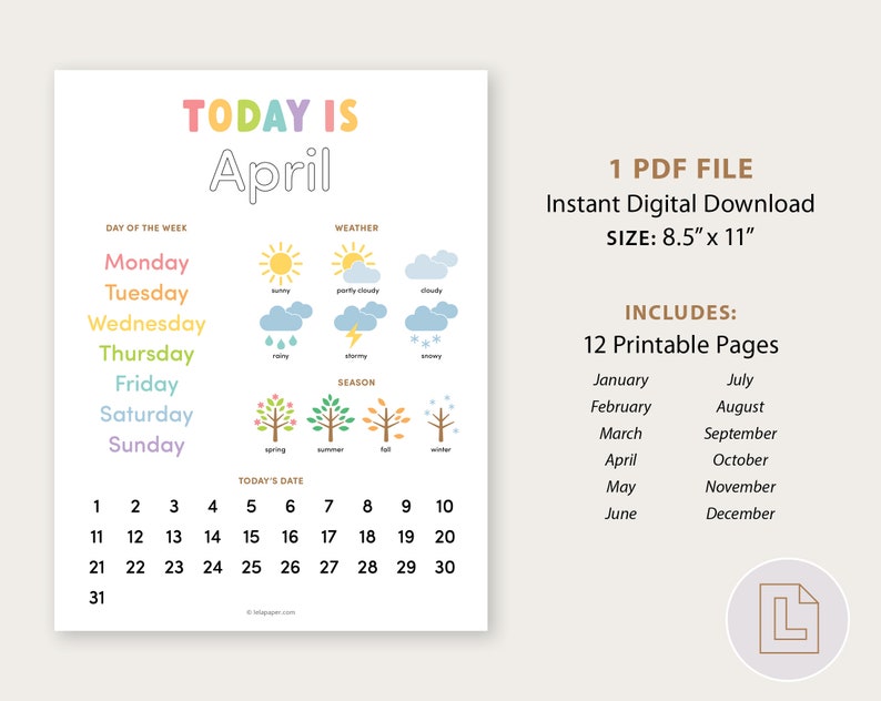 May include: Printable calendar for April with a colorful design. The calendar includes days of the week, weather icons, seasons, and a grid for the month of April. The calendar is 8.5 inches by 11 inches.