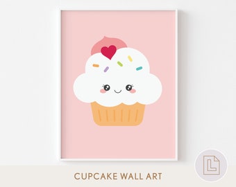 Cupcake Wall Art Decor | Cute Kawaii Cupcake Graphic Pink | Kids Wall Playroom Poster | Nursery Wall Decor | Printable Wall Sign | Digital