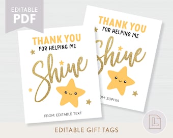 Teacher Appreciation Gift Tag, Thank You for Helping Me Shine Star Tag, Printable Gift Cards Label, Digital Download