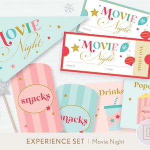 Christmas Movie Night Tickets Printable Set | Fun Family Movie Night Activity Bundle | Pink Whimsical Decor, Pennant, Signs, Snack Box