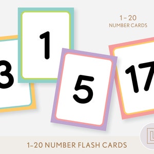 Nummers 1-20 Flash-kaarten afdrukbaar | 1-20 nummerkaarten tellen | Twintig minimalistische leerflitskaarten | Educatieve wiskundebron downloaden