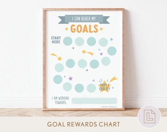May include: A printable chart with a blue and yellow star design. The chart is titled "I can reach my *GOALS*" and has a series of circles to mark progress towards a goal. The chart also includes the text "START HERE" and "YAY! DID IT!"