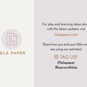 Puede incluir: Un logotipo para LELA PAPER, una empresa que ofrece ideas de juego y aprendizaje para ni&ntilde;os. El logotipo es una letra L estilizada dentro de un rect&aacute;ngulo, que representa una hoja de papel. El texto "LELA PAPER" est&aacute; debajo del logotipo. El texto "Para ideas de juego y aprendizaje junto con las &uacute;ltimas actualizaciones, visita lelapaper.com" est&aacute; en el lado derecho de la imagen. El texto "Comparte c&oacute;mo t&uacute; y tus peque&ntilde;os est&aacute;n usando nuestras actividades!" est&aacute; debajo de la direcci&oacute;n del sitio web. El texto "TAG US! @lelapaper #learnwithlela" est&aacute; debajo del texto anterior.