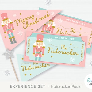 Ingressos para quebra-nozes em pastel para impressão | Conjunto de presente de Natal rosa | Banners, flâmulas, etiquetas para presentes, decoração de bandeiras | Idéia de presente de experiência