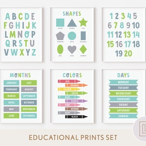 Kids Educational Wall Art | Blue Gray Neutral Learning Poster | Alphabet, Numbers, Colors, Shapes, Months Print | Classroom | Nursery Room