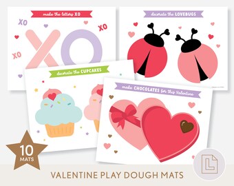 May include: Ten Valentine's Day themed play dough mats featuring images of cupcakes, love bugs, chocolate hearts, and the letters XO. The mats are printed on white cardstock and have a light purple border.