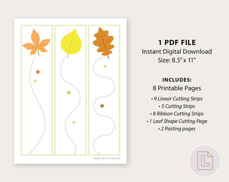 May include: Printable autumn leaf cutting activity for kids. Includes 9 linear cutting strips, 5 cutting strips, 8 ribbon cutting strips, 1 leaf shape cutting page, and 2 pasting pages.  8.5 inches by 11 inches.