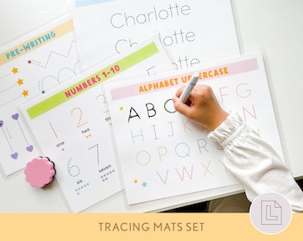 Tracing Mats Set, Personalized Custom Name Mats, Writing Prewriting Pages, Trace Alphabet Numbers Shapes