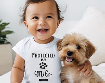 Protected by Dog Baby Bodysuit, Personalised Pet Name Romper, Sizes Newborn to Toddler, Custom Print Clothing & Baby Gifts Australia