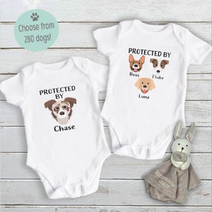 Protected by dogs baby bodysuit, Personalised pick your pooch, Choose from 55 breeds + 280 dog variations, Size newborn to Toddler Australia
