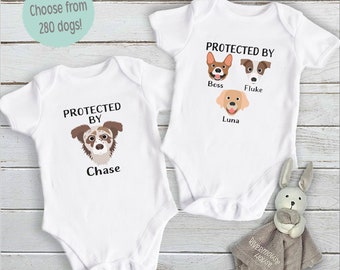 Protected by dogs baby bodysuit, Personalised pick your pooch, Choose from 55 breeds + 280 dog variations, Size newborn to Toddler Australia