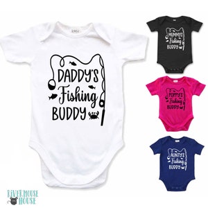Daddy's Fishing Buddy Baby Bodysuit, Name can be personalised to suit your family, Australian sizes newborn to toddler custom kids romper