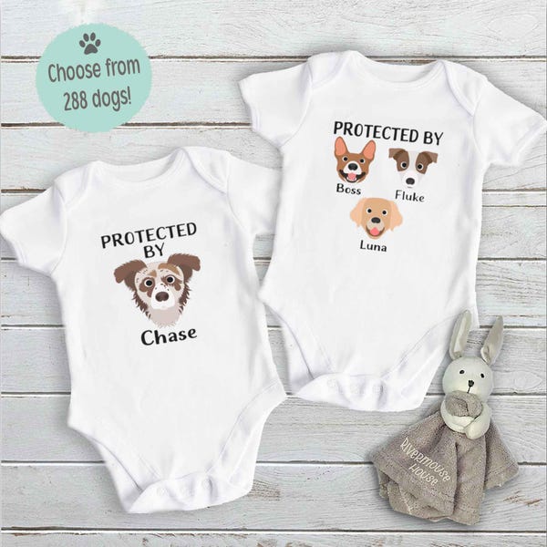 Protected by Dogs Personalised Pet Baby Bodysuit, Choose from 280 Breeds and Colours