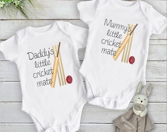 Australian Cricket Baby Bodysuit, Mummy + Daddy's Little Cricket Mate, Size Newborn to Toddler Rompers, Hand Printed Sports Lover Gifts