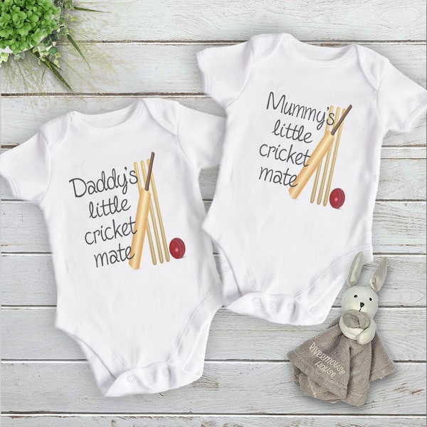 Australian Cricket Baby Bodysuit, Mummy + Daddy's Little Cricket Mate, Size Newborn to Toddler Rompers, Hand Printed Sports Lover Gifts