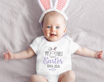 My First Easter personalised baby bodysuit, Custom name 2024 little bunny romper, Australian size newborn to toddler, Hand printed gift