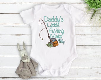 Daddy's Little Fishing Mate baby bodysuit, Hand printed infant gift, Australian size newborn to toddler romper,