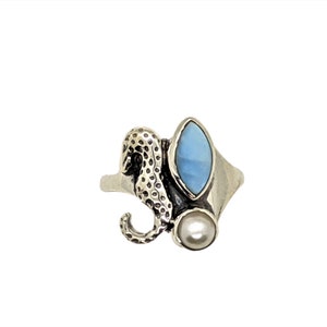 Blue Larimar, Pearl and Sterling Silver Seahorse womens ring Size 7