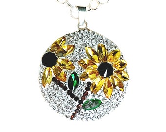 Large Sunflower Pave Crystals  Pendant 925 Sterling Silver Necklace  22"