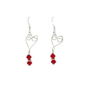 Sterling Silver wire Heart with red crystals dangle earrings