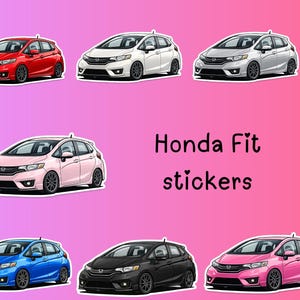 May include: A collection of Honda Fit stickers in various colors, including red, white, silver, pink, blue, black, and another shade of pink. The text "Honda Fit stickers" is also present.