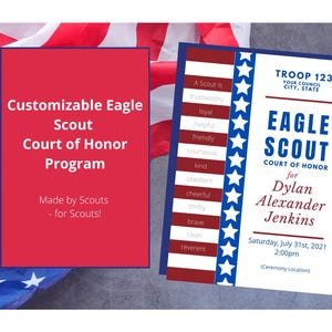 Plantilla personalizable para el programa de la ceremonia de investidura de Eagle Scout (descarga digital)