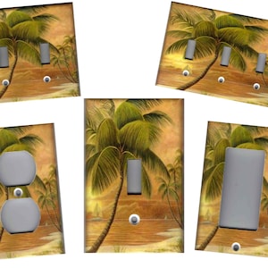 May include: Set of six tropical palm tree themed light switch and outlet covers. The covers feature a sunset scene with palm trees and a sailboat in the distance. The covers are available in a variety of sizes to fit standard light switches and outlets.